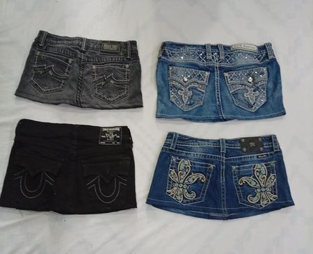 CR8767 UPCYCLED MIX BRANDED MINI DENIM SKIRTS