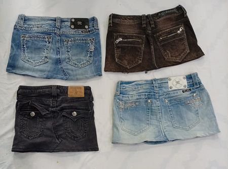 CR8769 UPCYCLED MIX BRANDED MINI DENIM SKIRTS