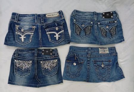 CR8771 UPCYCLED MIX BRANDED MINI DENIM SKIRTS