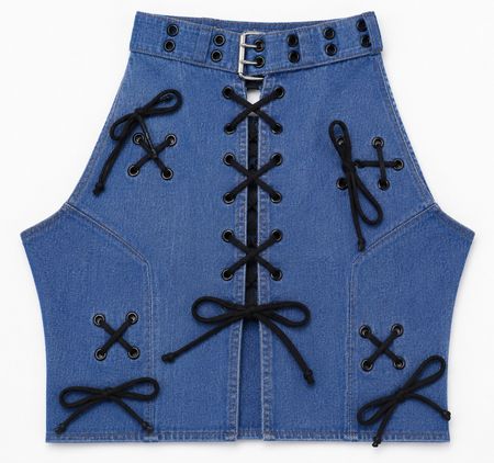 CR1734 UPCYCLED LACE-UP HALTER DENIM TOP