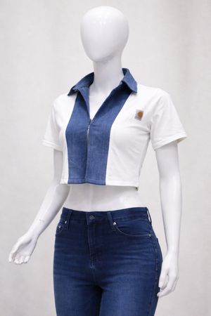 CR1746 Upcycled Denim Panel Crop Top