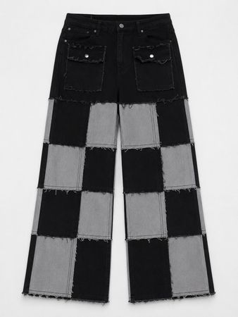 CR1778 Upcycled Checker Patchwork Jeans