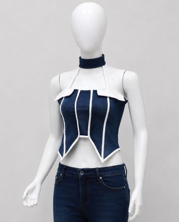 CR1779 Upcycled Denim Corset Halter Top