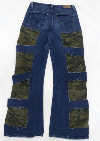 CR1785 Upcycled Camo Patch Flare Jeans