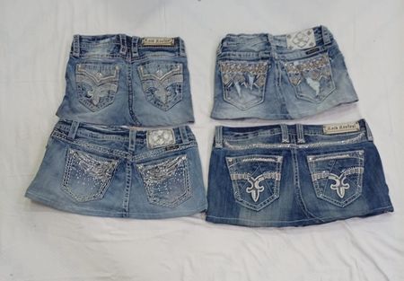 CR8784 UPCYCLED MIX BRANDED MINI DENIM SKIRTS