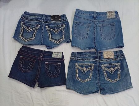 CR8786 UPCYCLED MIX BRANDED MINI DENIM SHORTS