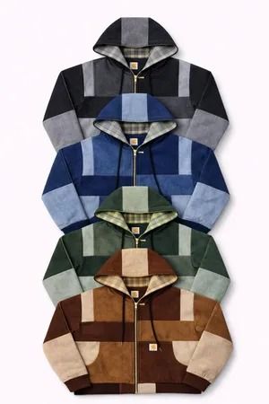 CR1792 Upcycled Patchwork Denim Hooded Zip Jacket