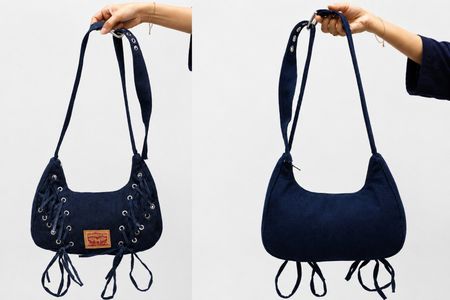 CR1807 UPCYCLED LACE-UP DENIM SHOULDER BAG