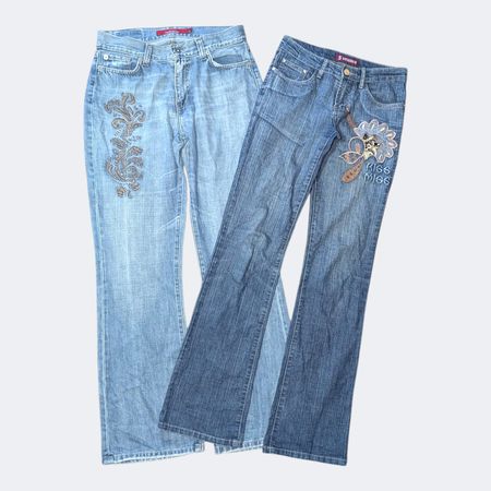 Y2K Embellished & Embroidered Flare Jeans Rhinestone Low Rise Bootcut Denim Pants