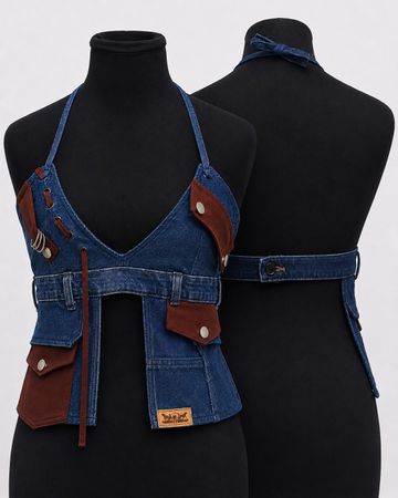 CR1821 UPCYCLED UTILITY HALTER DENIM TOP