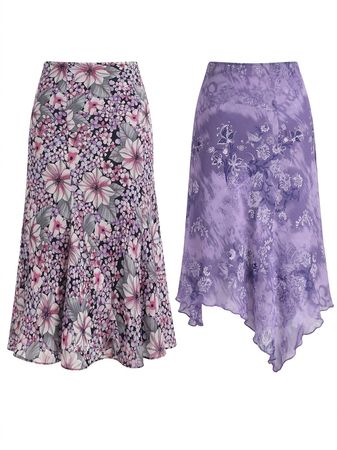 (FV-1619) Vintage Purple Floral Midi Skirts Mix | Y2K Boho Cottagecore Skirts