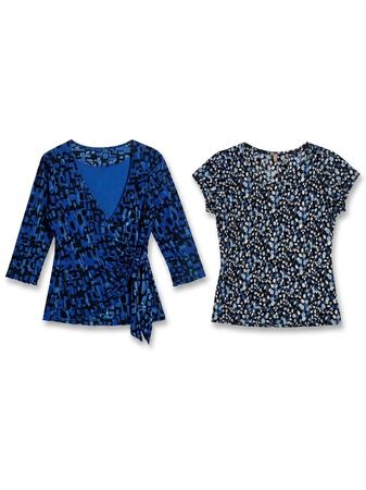 (FV-1661) Vintage Blue Abstract Print Tops Bundle | Y2K Geometric Pattern Blouses Collection
