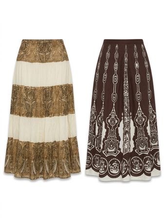 (FV-1660) Vintage Brown Boho Midi Skirts Bundle | Y2K Tiered Printed Skirt Collection Lot