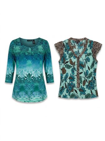 (FV-1659) Y2K Blue Teal Floral Tops Bundle | Tropical Print Boho Blouses Women’s Clothing Lot