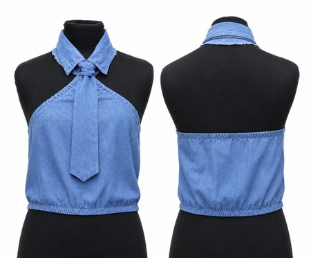 CR1841 UPCYCLED DENIM HALTER TIE TOP