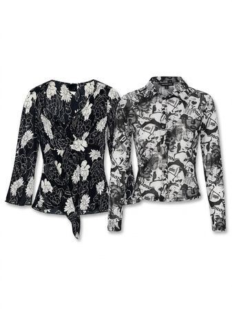 (FV-1708) Y2K Black & White Aesthetic Floral Tops