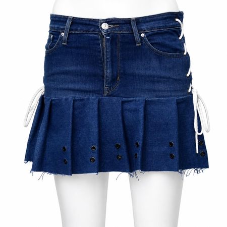 CR1861 UPCYCLED LACE-UP DENIM PLEATED MINI SKIRT