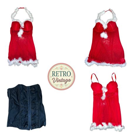 Vintage Red Christmas Babydoll Nightwear Faux Fur Trim |E|