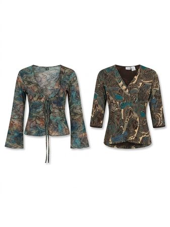 (FV-1716) Vintage Y2K Blue Brown Abstract Printed Blouses Bundle Boho Office Chic Retro Tops