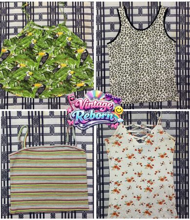 Y2K Vintage Cami & Tank Top Bundle – Tropical, Leopard, Floral & Stripe Print Mix | VR-303