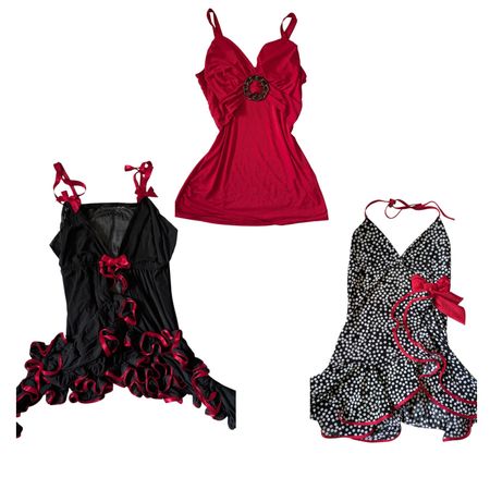 Y2K Vintage Babydoll Lingerie Bundle Red Black Polka Dot Cami Chemise Tops 9PC