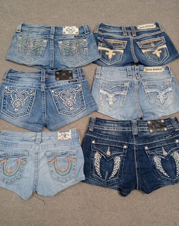 HD1492 Ladies Upcycled Miss Me, Rock Revival and True Religion Denim Micro Mini Shorts