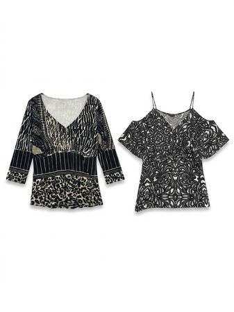 (FV-1753) Vintage Black White Patterned Tops Bundle | Y2K Retro Fashion Mixed Lot