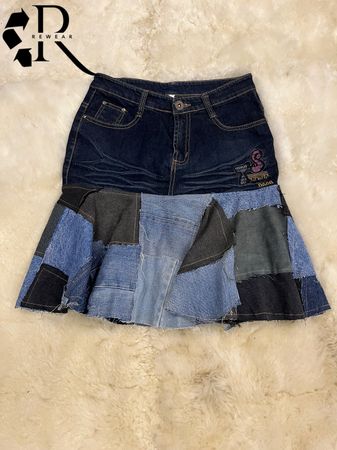 Upcycled Denim Patchwork Midi Skirt