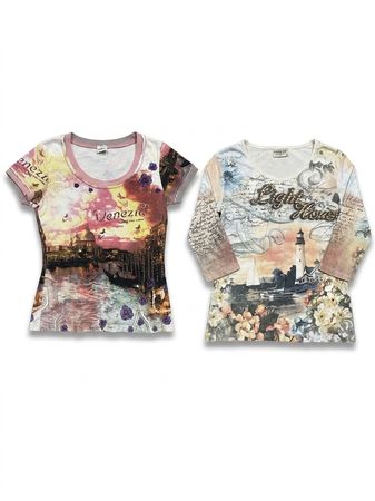 (FV-1766) Y2K Scene Print babytees Long Sleeve Tops