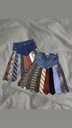 Upcycled Necktie Patchwork Denim Skirt