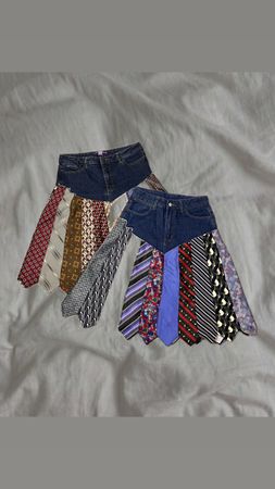 Upcycled Necktie Patchwork Denim Skirt