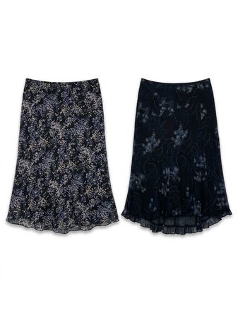 (FV-1797) Navy Blue Floral Midi Skirt Bundle Vintage Y2K Boho Women’s Fashion Lot