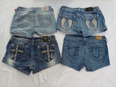 CR9403 Upcycled Mix Branded Mini Denim Shorts