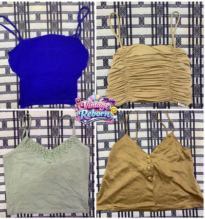 Y2K Vintage Solid Cami & Crop Top Bundle – Mesh, Ruched & Button Detail Mix | VR-311
