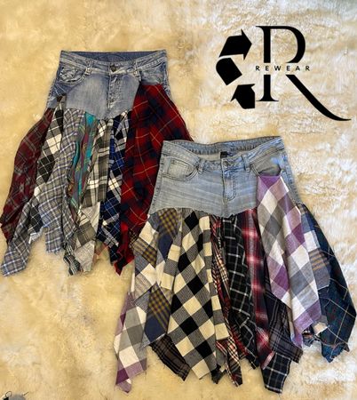 Upcycled Denim+Flannel Midi Skirt