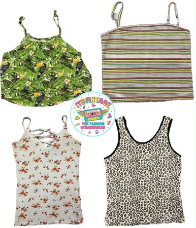 Vintage Y2K Printed Cami Top Bundle – 10pcs Tropical, Stripe, Floral & Leopard Strap Tops | VR303 🌴