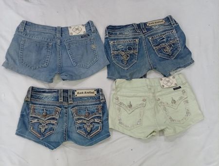 CR9349 Upcycled Mix Branded Mini Denim Shorts