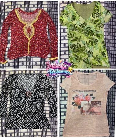 Y2K Vintage Printed Top Bundle – Boho Floral, Geo Mosaic & Slogan Graphic Mix | VR-314