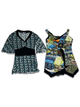(FV-1900)     Boho Blue Print Women’s Tops Collection Y2K Retro Summer Blouses