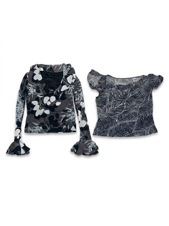 (FV-1896)     Monochrome Floral Mesh Women’s Tops Bundle Y2K Vintage Blouses