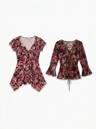 (FV-1895)     Y2K Pink Abstract Floral Mesh Women’s Summer Top Retro 2000s Stretch Blouse