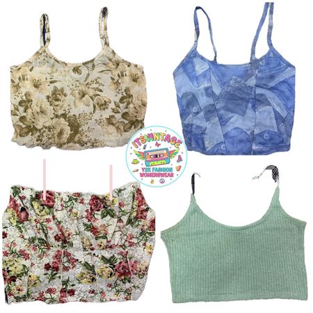 Vintage Y2K Floral & Denim Print Crop Top Bundle – 14pcs Knit, Lace, Tapestry & Printed Camis | VR307 🌸✨