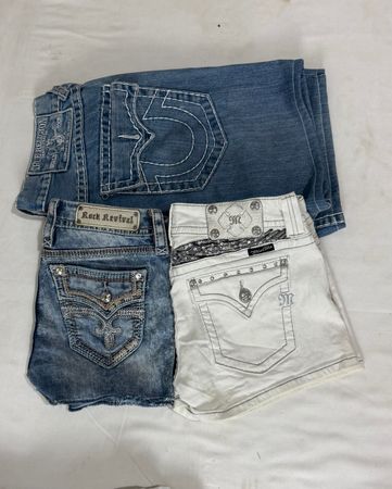 TH# 216 Y2K True Religion, Miss Me & Rock Revival Denim Shorts | Unisex Designer Jean Shorts | Vintage Low Rise Festival Streetwear