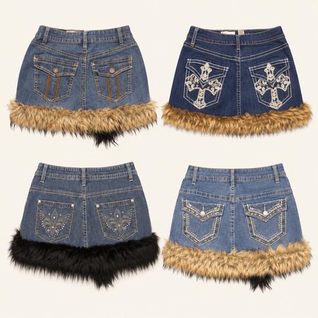 Y2k Embellished Up Cycled Mini Skirts With Fur Trim
