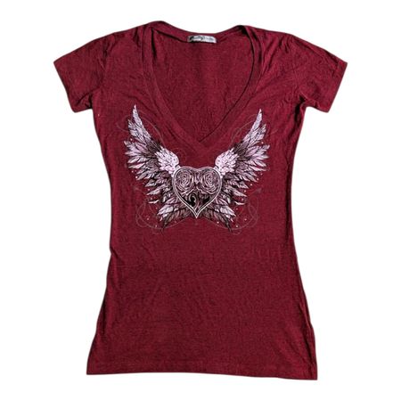 Vintage Y2K Graphic Baby Tee Wing Heart V Neck Fitted T-Shirt