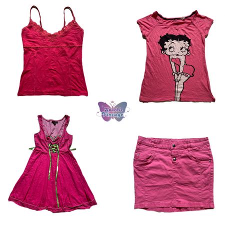 Y2K Pink Vintage Bundle | Cami Top, Graphic Tee & Dress (SV-100)
