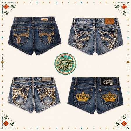 Shorts en denim micro mini Y2K avec broderie et embellissement de designs de poche arrière : 9 pièces