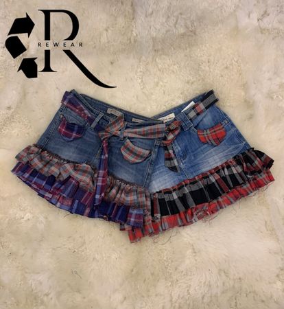Upcycled Y2K Denim & Flannel Ruffle Mini Skirt