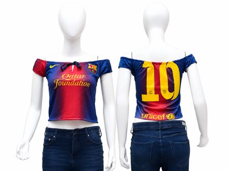CR1895 UPCYCLED OFF-SHOULDER FOOTBALL JERSEY TOP