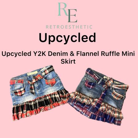 Upcycled Y2K Denim Flannel Ruffle Mini Skirt